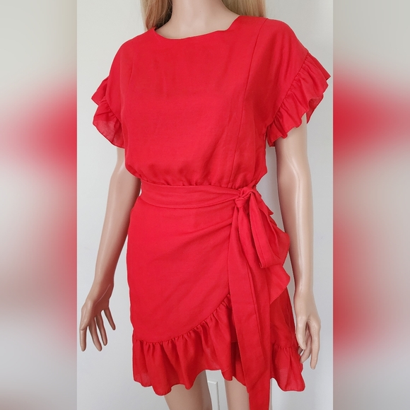 ETOPHE STUDIOS RED ORANGE FAUX WRAP SHOR FRILLS WAIST TIE DRESS LARGE - Picture 3 of 13